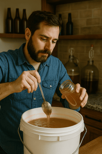 Echando miel en un cubo para mezclarlo con agua.