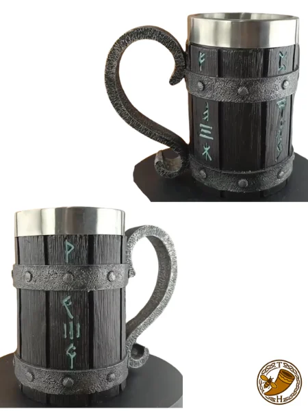 Jarra vikinga de madera oscura con grabado de runas 60cl otras perspectivas