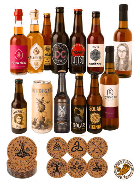 Pack Njord Hidromieles artesanos + set de 6 posavasos vikingos